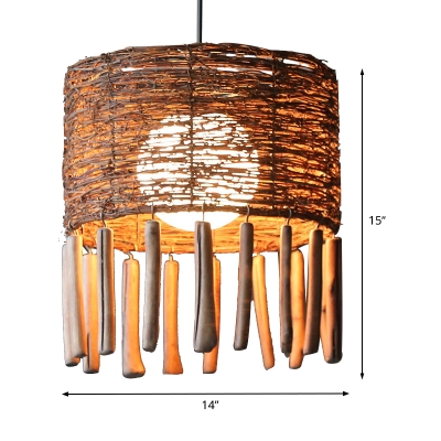 Cylinder Down Lighting Asia Wood 1 Head Brown Pendant Light Fixture with Globe Milky Glass Shade