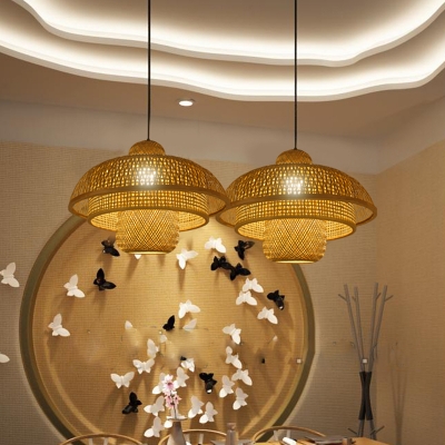 Flared Bamboo Ceiling Lamp Asian 1 Bulb Flaxen Pendant Lighting Fixture for Restaurant