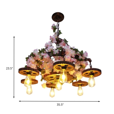 Gear Restaurant Chandelier Lighting Fixture Vintage Metal 7 Lights Pink Cherry Blossom Suspension Lamp