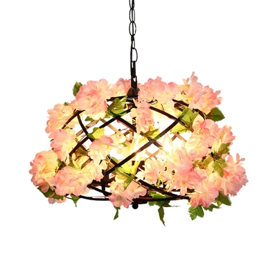 Industrial Bird Nest Ceiling Chandelier 3 Bulbs Metal LED Hanging Light Fixture in Pink with Cherry Blossom