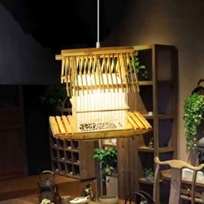 Japanese 1 Bulb Down Lighting Beige Boat Hanging Ceiling Light with Bamboo Shade