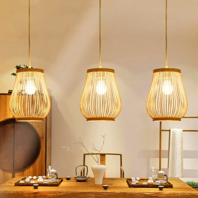 Jar Pendant Light Japanese Bamboo 1 Bulb Wood Suspended Lighting Fixture for Restaurant