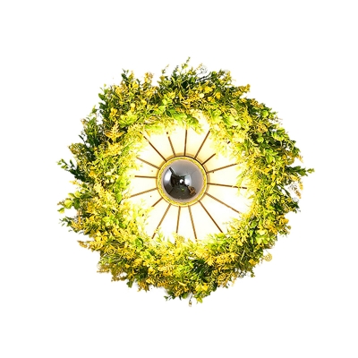 Metal Circular Wall Lighting Industrial 1 Bulb Bedroom LED Wall Sconce Lamp in Pink/Green with Flower/Plant Decor