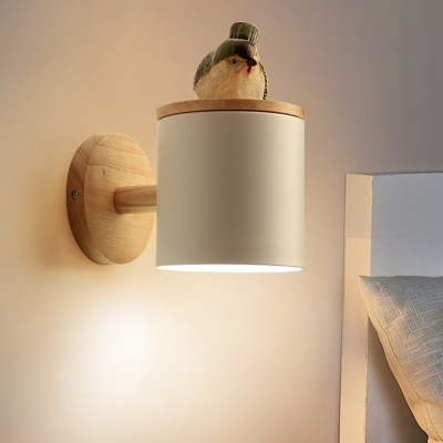 Metal Cylinder Sconce Modernist 1 Bulb Wall Mount Light Fixture in White with Bird