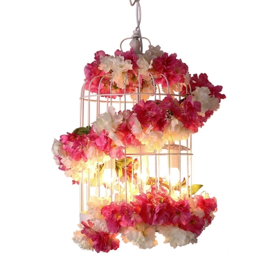 Metal Rose Red Flower Hanging Chandelier Birdcage 3 Bulbs Industrial Ceiling Light for Restaurant