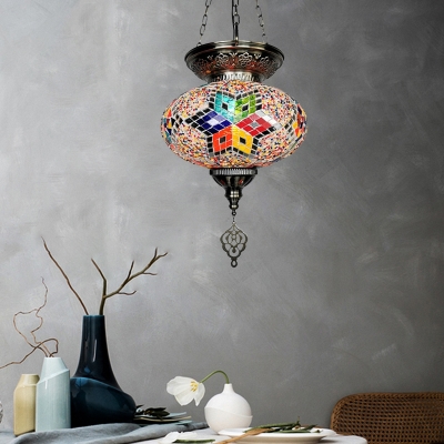 Oval Shade Restaurant Hanging Light Vintage Stained Glass 1 Light Red/Blue Ceiling Pendant Lamp