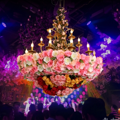 Pink 12 Heads Chandelier Lamp Industrial Metal Candelabra Flower Hanging Light Fixture for Restaurant