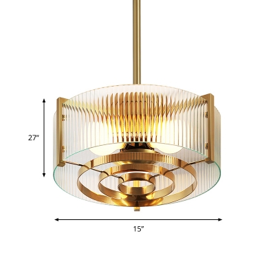 Prismatic Glass Drum Pendant Chandelier Modernism 3 Bulbs Ceiling Hanging Light in Brass