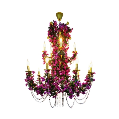 Retro Candle Lily Hanging Chandelier 15 Heads Metal LED Down Lighting Pendant in Purple with Crystal Accent