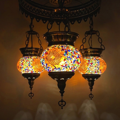 Stained Glass Oval Pendant Chandelier Traditional 3 Lights Restaurant Suspension Pendant Lamp in Orange/Yellow/Blue