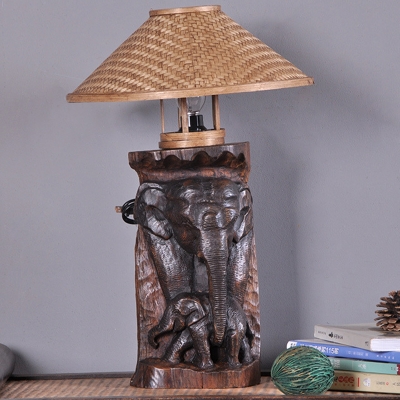Tapered Task Light Chinese Bamboo 1 Head Beige Small Desk Lamp with Wood Elephant