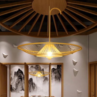 Umbrella Bamboo Ceiling Lamp Asian 1 Bulb Beige Hanging Pendant Light for Restaurant