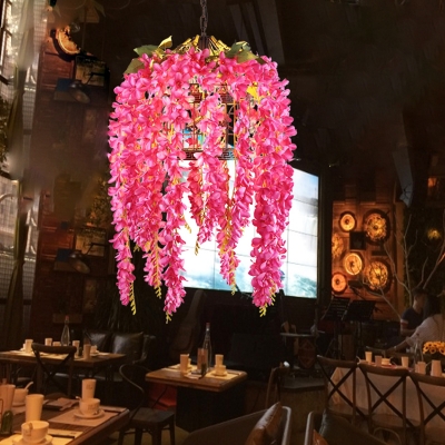 1-Head Metal Ceiling Lamp Antique Pink/Purple/Green Birdcage Restaurant LED Pendant Light Fixture with Flower