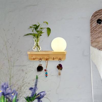 Vintage Sphere Wall Mount Lighting 1 Head Opaline Glass Wall Sconce Light in Wood, Left/Right