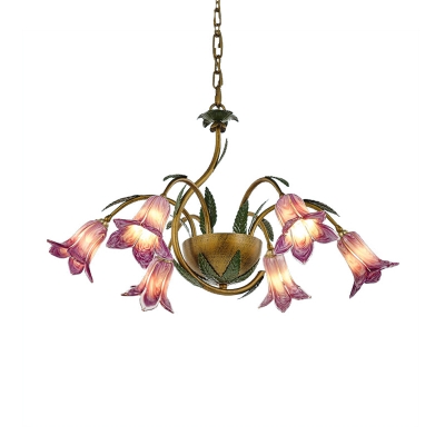 White/Purple Glass Blossom Chandelier Country Style 6 Heads Dining Room Pendant Light Fixture