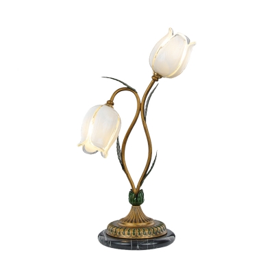 White/Yellow Glass Flower Night Light Traditional 2 Lights Living Room Table Lamp with Metal Curving Arm
