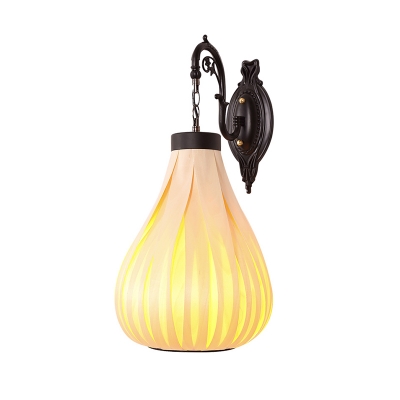 1 Bulb Bedside Wall Lamp Asian Beige Sconce Light Fixture with Teardrop Wood Shade