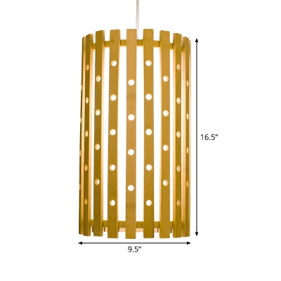 1 Bulb Dining Room Pendant Light Asia Beige Suspended Lighting Fixture with Cylinder Wood Shade