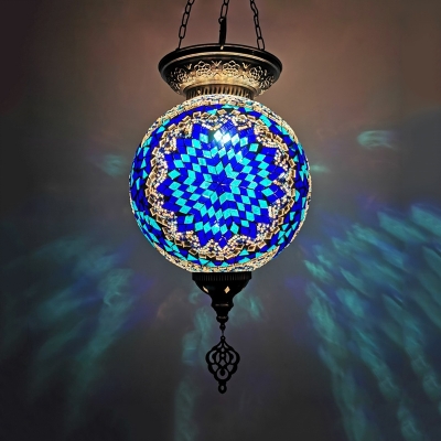 1-Bulb Stained Glass Pendant Traditional White/Red/Blue Global Shade Restaurant Hanging Ceiling Lamp