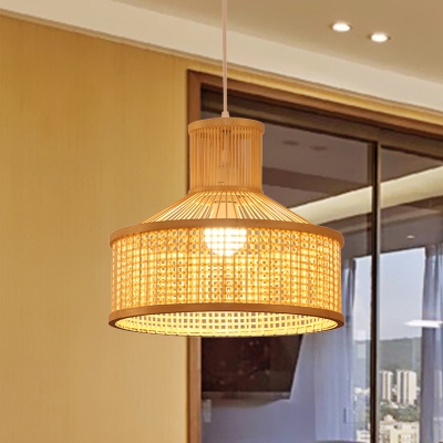 1 Bulb Teahouse Hanging Lamp Asian Beige Ceiling Pendant Light with Urn Bamboo Shade