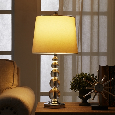 1 Head Barrel Table Lamp Traditional Clear Crystal Bead Nightstand Light with White Fabric Shade