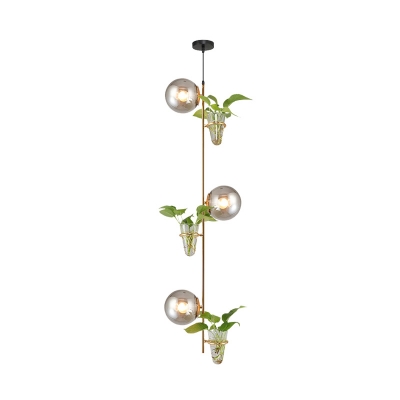 3 Heads Hanging Light Kit Industrial Linear Milk White/Smoke Grey Glass Chandelier Lamp in Black/Gold with Plant Deco