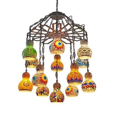 Antique Black Gourd Pendant Chandelier Bohemia Stained Glass 13 Lights Coffee Shop Hanging Light Kit