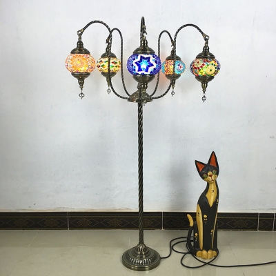 Ball Shade Stained Glass Floor Light Traditionalist 5 Heads Living Room Standing Lamp in Yellow/Blue