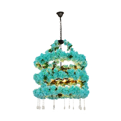 Blossom Restaurant Chandelier Light Industrial Metal 5 Bulbs Blue LED Hanging Lamp with Dangling Crystal