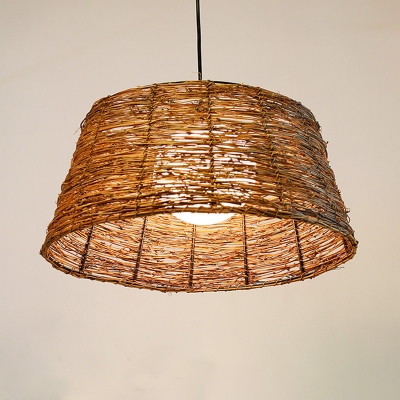 Brown Cone Hanging Light Asian 1 Head Rattan Suspended Lighting Fixture with Inner Ball Milk Glass Shade