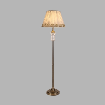 Classic Conical Floor Lamp Single Head Clear Crystal Standing Light in Beige with Fabric Pleated Shade