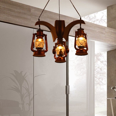 Dark Wood 3 Lights Chandelier Industrial Clear Glass Kerosene Hanging Ceiling Fixture for Dining Room