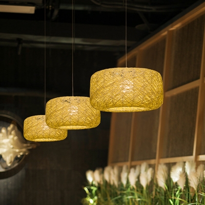 Drum Ceiling Light Asian Bamboo 1 Head Flaxen Pendant Lighting Fixture for Living Room