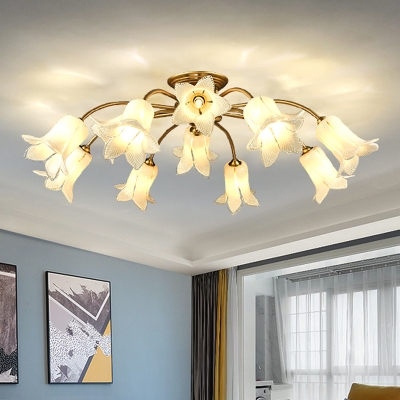 Flared Bedroom Semi-Flush Mount Light Traditional White/Purple Glass 12 Bulbs LED Gold Close to Ceiling Lighting Fixture