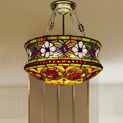 Floral Semi Flush Mount Tiffany Style Stained Glass 5 Lights Brown Ceiling Light Fixture