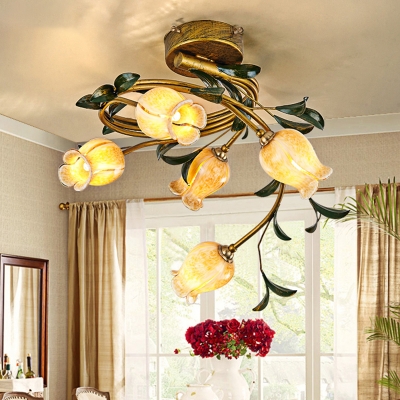 Frosted Glass Brass Ceiling Flush Bloom 5 Heads Retro LED Semi Mount Lighting for Dining Room