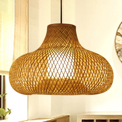 Hand Woven Pendant Lighting Japanese Bamboo 1 Head Ceiling Suspension Lamp in Flaxen