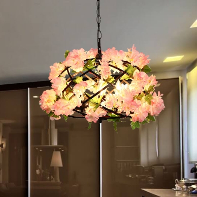 Industrial Bird Nest Ceiling Chandelier 3 Bulbs Metal LED Hanging Light Fixture in Pink with Cherry Blossom