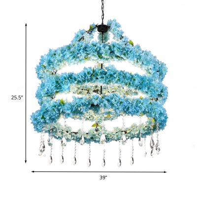 Industrial Round Pendant Light Fixture 6 Bulbs Metal LED Flower Hanging Lamp Kit in Blue with Crystal, 31.5
