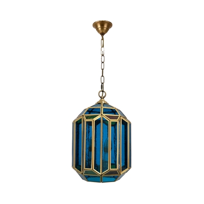 Jar Shape Bedroom Hanging Lighting Traditional Blue Glass 1 Bulb Brass Ceiling Lamp