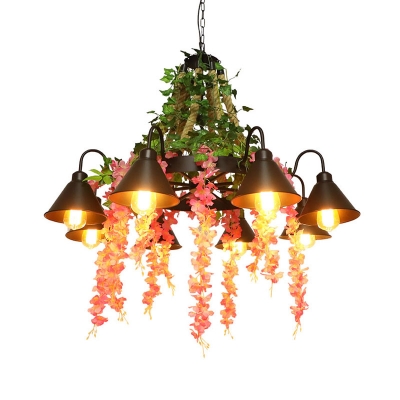 Metal Black Chandelier Light Tapered 8 Bulbs Vintage LED Drop Pendant with Flower Decoration