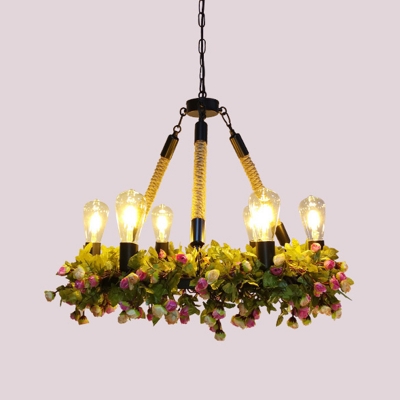 Metal Black Hanging Chandelier Bare Bulb 6 Lights Industrial LED Pendant Lighting with Flower Decor