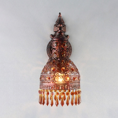 Metal Copper Wall Lamp Domed 1 Head Antique Sconce Light Fixture with Carved Curvy Arm
