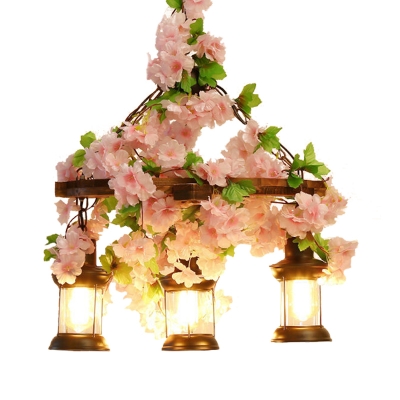Pink Lantern Island Lighting Fixture Industrial Wooden 3/6/8 Heads Restaurant LED Flower Ceiling Light, 21.5