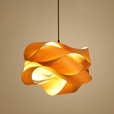 Twist Hanging Lamp Chinese Wood 1 Head Beige Suspended Lighting Fixture, 18