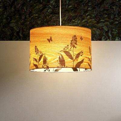 Wood Drum Hanging Light Chinese 1 Head Beige Pendant Lighting Fixture with Flower Pattern