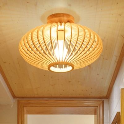 Wood Laser Cut Semi Flush Light Japanese 1 Bulb Close to Ceiling Lighting in Beige