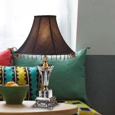 1 Bulb Crystal Night Light Antique Black and Brown Paneled Bell Bedroom Table Lamp with Sculpted Metal Base