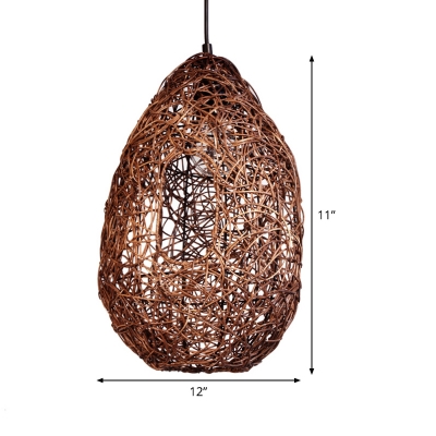 1 Bulb Restaurant Pendant Lamp Asia Brown Hanging Light Fixture with Cage Rattan Shade