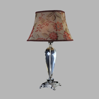 1 Head Bell Table Lamp Traditional Beige Fabric Nightstand Light with K9 Crystal Accent